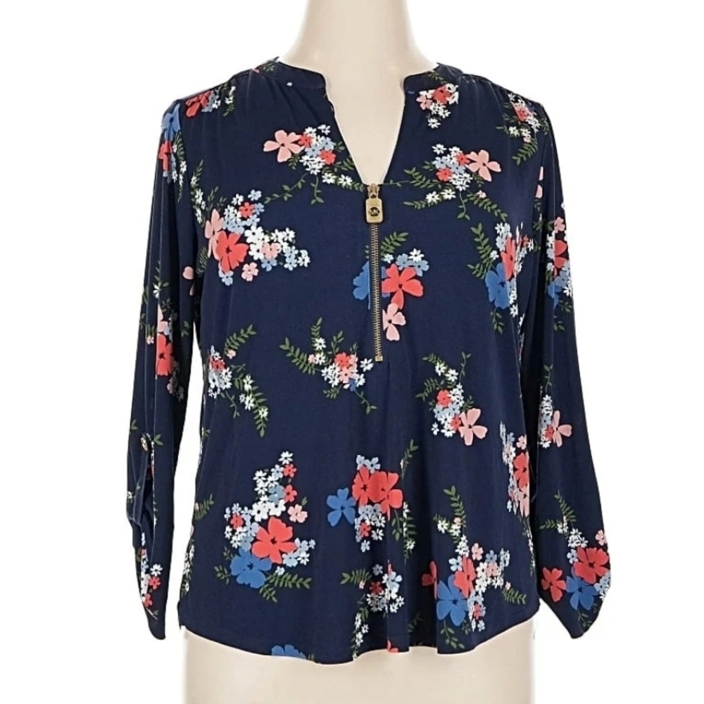 MICHAEL Michael Kors Navy Floral Zip Blouse, Size 2X